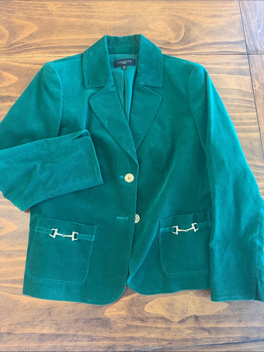 Talbots Women’s 10P Green Corduroy Blazer with Metal Gold Trim Pockets